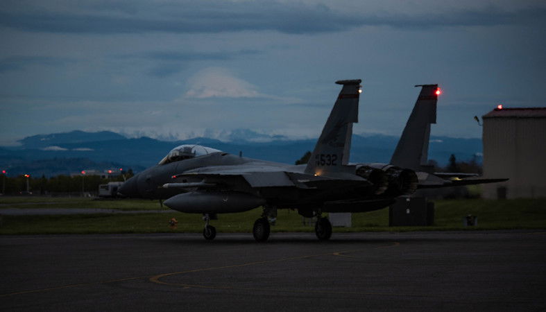 A 123rd Fighter Squadron F-15 Eagle prepares for take off during night flying operations at Portland Air National Guard Base in April 2022