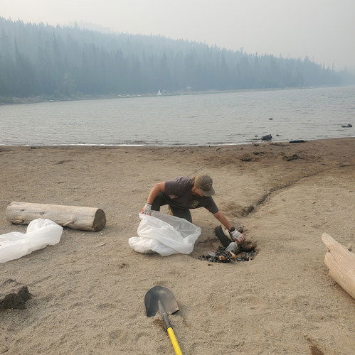 Forest Service rangers clean up fire pits dug along shore of Elk Lake