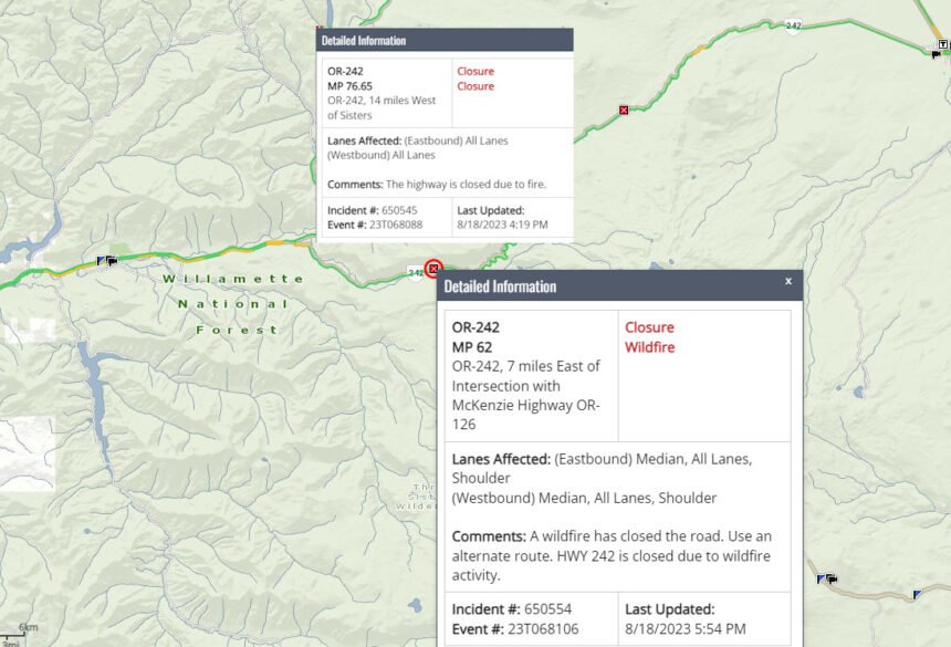 Highway 242 closure Lookout Fire ODOT TripCheclk 818
