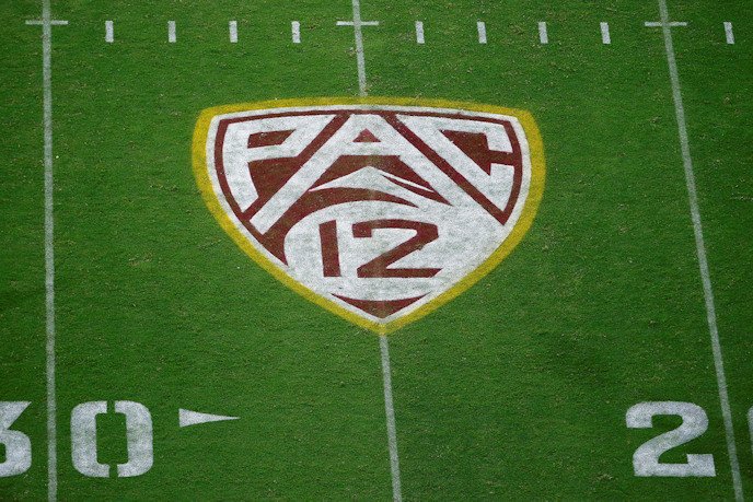  The Pac-12 logo is shown at Sun Devil Stadium during the second half of an NCAA college football game between Arizona State and Kent State in Tempe, Ariz., Aug. 29, 2019
