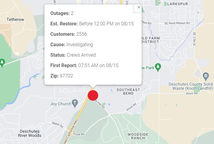 One of two Central Oregon power outages Tuesday morning; other was affecting over 1,000 Pacific Power customers in Warm Springs