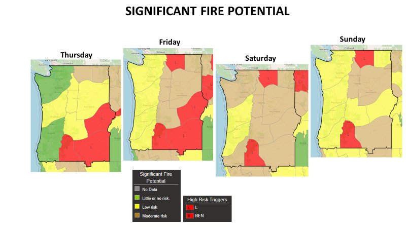 Much of Central Oregon from Bend south is in the 'red zone' for risk of fires from lightning and 'critical burn environment'