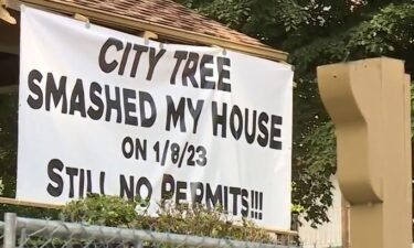 A Sacramento homeowner is calling out city hall by using a large banner after a city tree fell on his house.