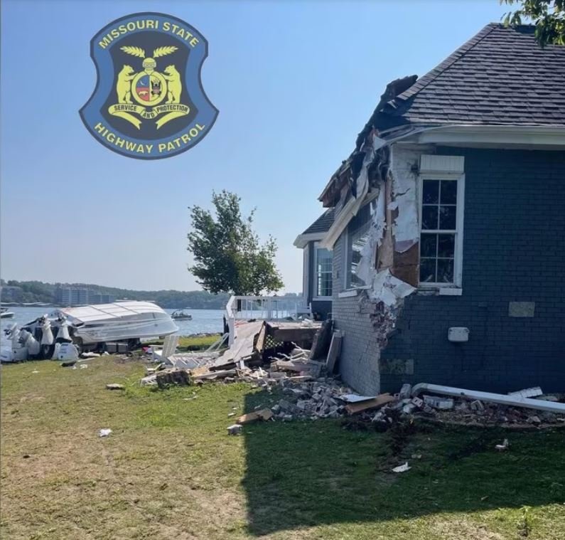 <i>Missouri State Highway Patrol/KMOV</i><br/>A California man is charged with several counts of BWI after crashing a boat into a house at Lake of the Ozarks.