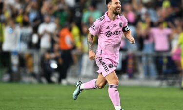 Inter Miami's Argentine forward #10 Lionel Messi celebrates after winning the Leagues Cup final football match against Nashville SC at Geodis Park in Nashville