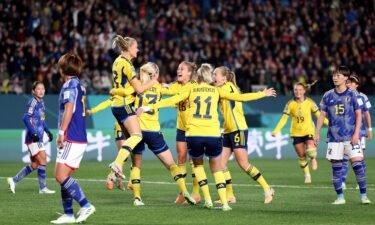 Amanda Ilestedt (4th L) of Sweden celebrates with teammates after scoring her team's first goal during the FIFA Women's World Cup Australia & New Zealand 2023 Quarter Final match between Japan and Sweden at Eden Park on August 11 in Auckland.