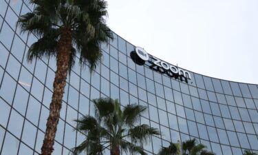 A sign is posted on the exterior of Zoom headquarters on February 7 in San Jose