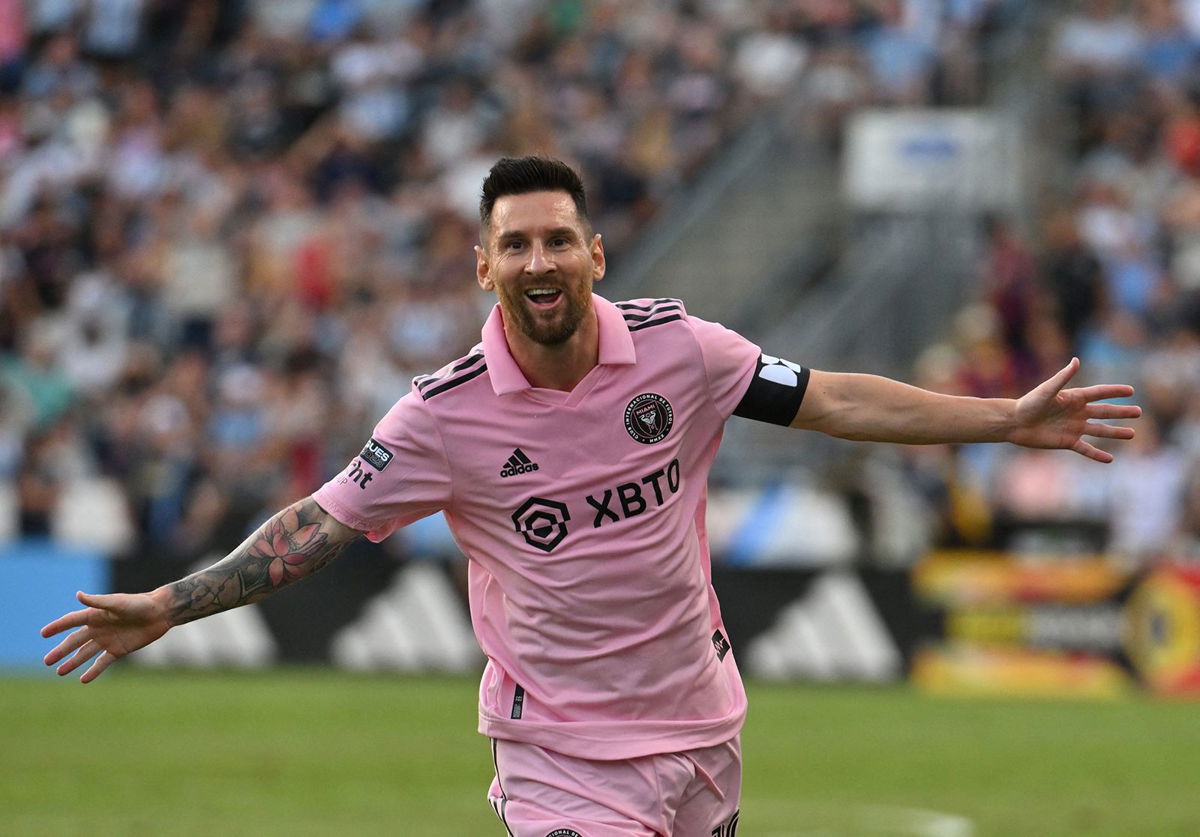 <i>Angela Weiss/AFP/Getty Images</i><br/>Lionel Messi celebrates after scoring against Philadelphia Union at Subaru Park Stadium in Chester