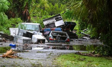 A backyard of a house is seen flooded in Steinhatchee