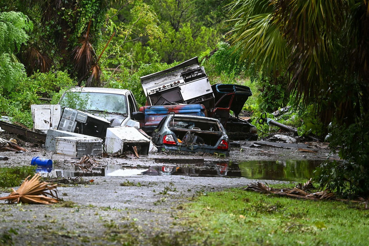 <i>Chandan Khanna/AFP/Getty Images</i><br/>A backyard of a house is seen flooded in Steinhatchee