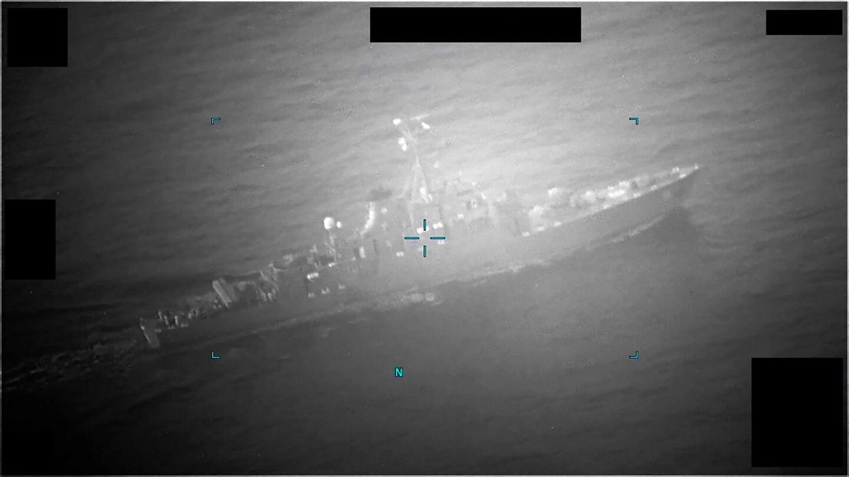 <i>U.S. Naval Forces Central Command</i><br/>Screenshot of video captured of M/T Richmond Voyager being approached by an Iranian naval vessel during an attempt to unlawfully seize the commercial tanker in the Gulf of Oman on July 5.