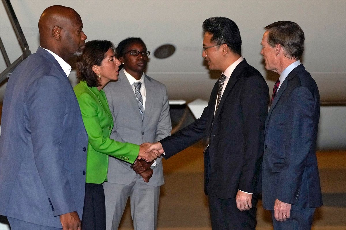 <i>Andy Wong/AFP/Getty Images</i><br/>US Commerce Secretary Gina Raimondo meets with China's Minister of Commerce Wang Wentao in Beijing on Monday