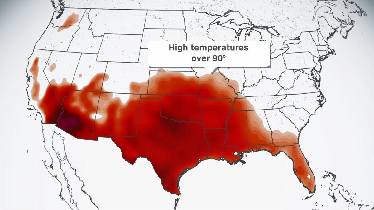 <i>CNN Weather</i><br/>Areas shaded in red show where temperatures are forecast above 90 degrees Friday.