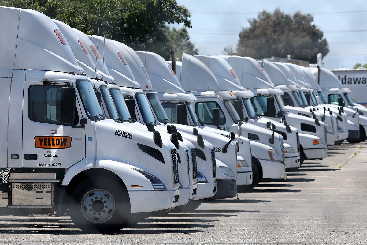 <i>Justin Sullivan/Getty Images</i><br/>Yellow Corp. trucks sit idle at a company facility on Monday after the Teamsters union said the company has closed operations.