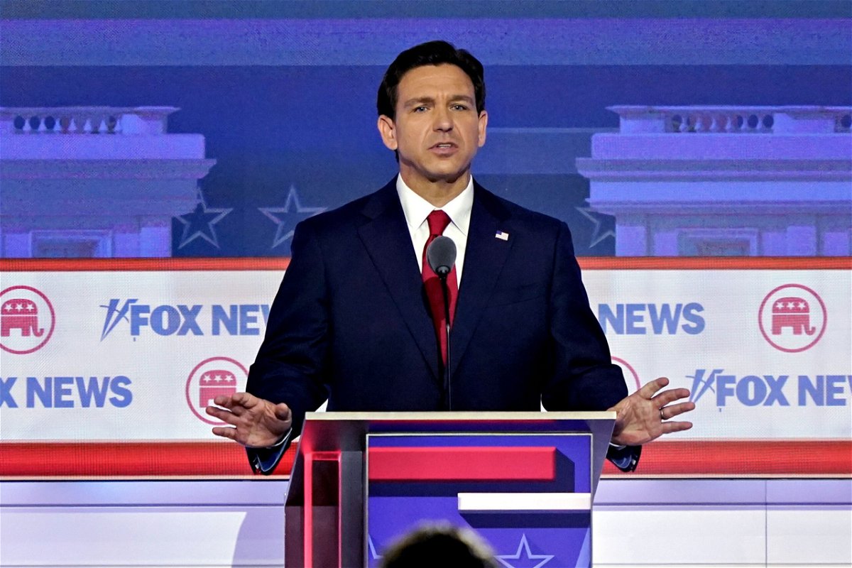 <i>Al Drago/Bloomberg/Getty Images</i><br/>Florida Gov. Ron DeSantis speaks during the Republican primary presidential debate in Milwaukee on August 23.