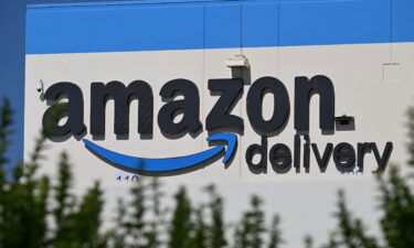 The Amazon delivery sign is seen on the exterior of the Amazon warehouse in Palmdale