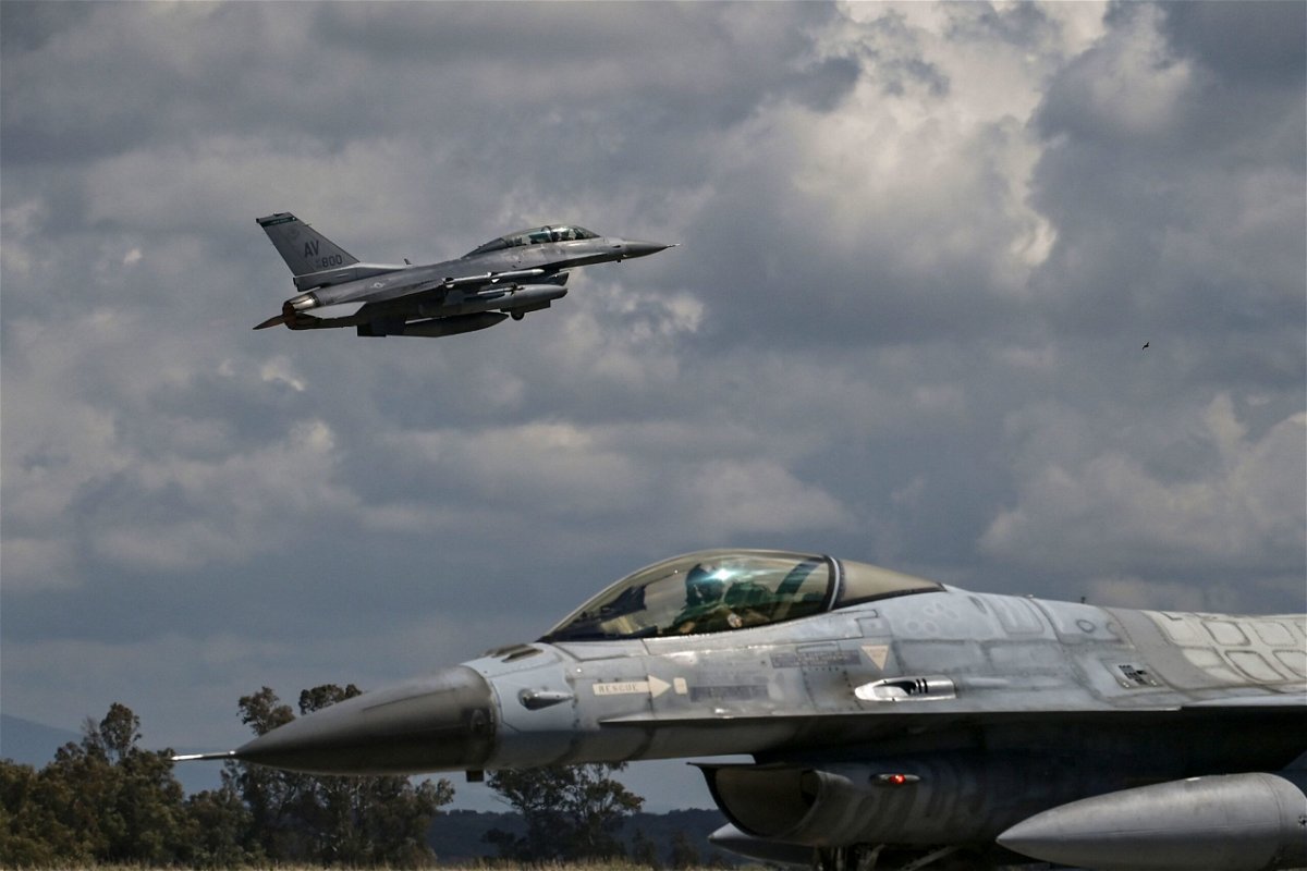 <i>Aris Messinis/AFP/Getty Images</i><br/>A US Air Force F-16 jet takes off from the military airport of Andravida