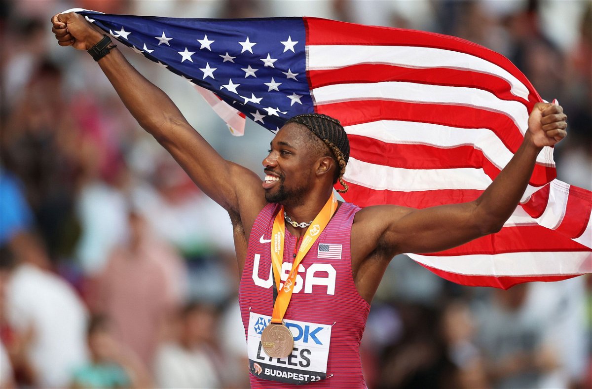 <i>Michael Steele/Getty Images Europe/Getty Images</i><br/>Noah Lyles won the 100m event at the 2023 Athletics World Championships.