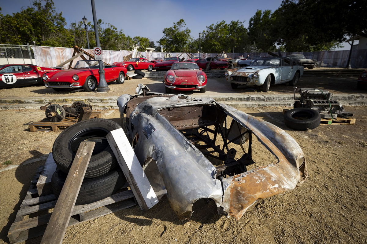 <i>Matt Jelonek/Getty Images</i><br/>The 1945 Ferrari 500 Mondial Spider exhibited in a faux junkyard setting ahead of RM Sotheby's Monterey auction..