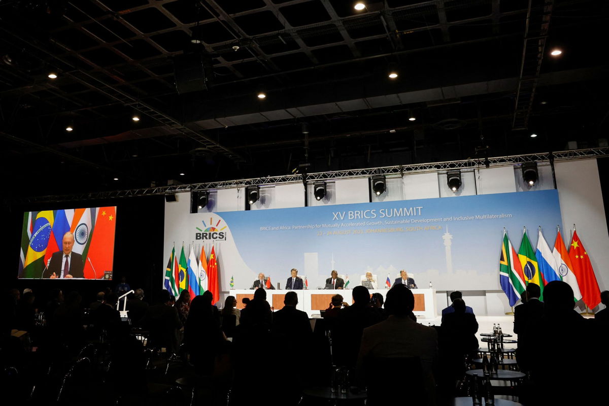 <i>Marco Longari/AFP/Getty Images</i><br/>Russian President Vladimir Putin delivers his remarks virtually at the 2023 BRICS Summit in Johannesburg on August 24.