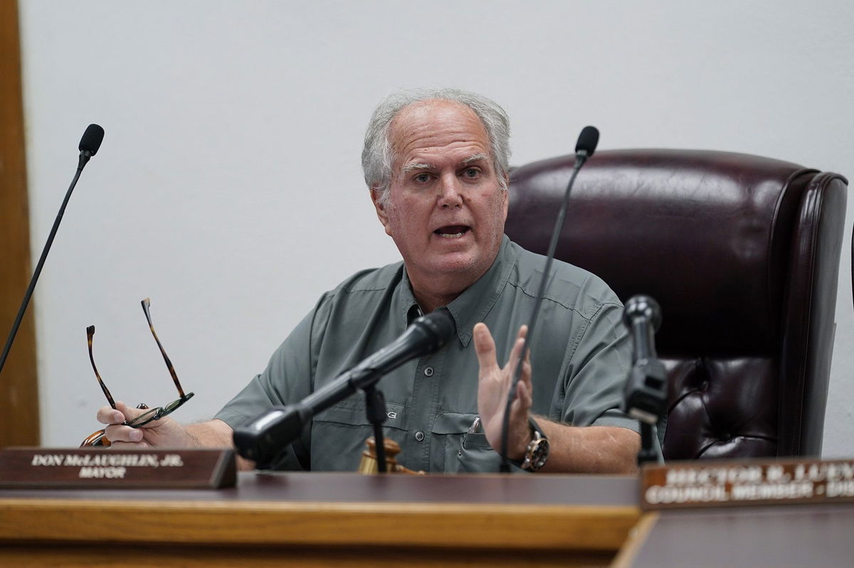 <i>Eric Gay/AP</i><br/>Uvalde Mayor Don McLaughlin speaks during a special emergency city council meeting on June 7