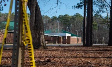 Police tape outside Richneck Elementary School following the shooting on January 7 in Newport News