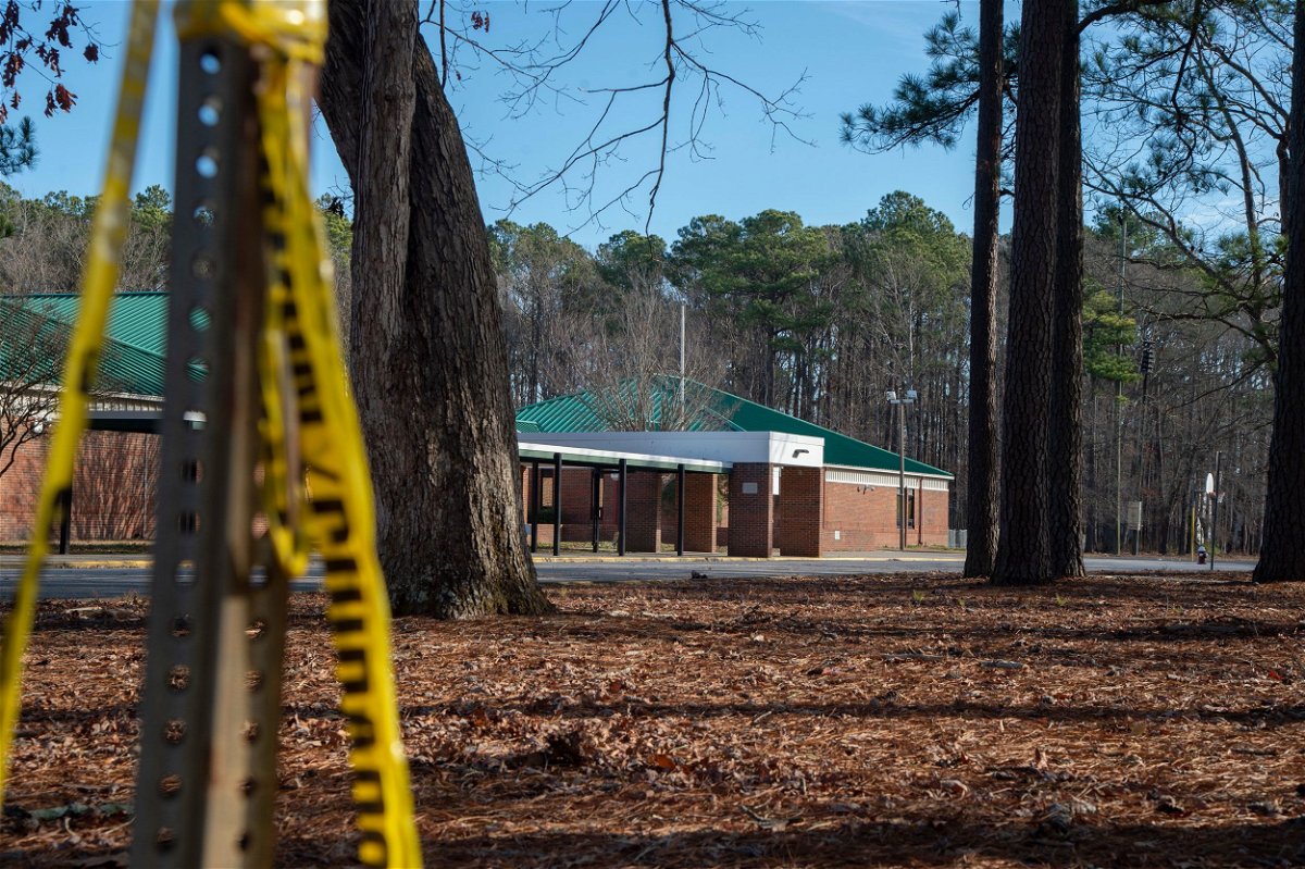 <i>Jay Paul/Getty Images</i><br/>Police tape outside Richneck Elementary School following the shooting on January 7 in Newport News