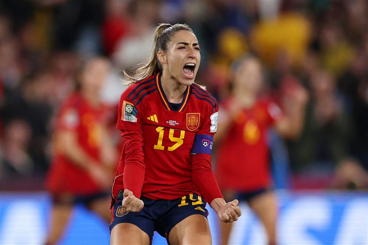 <i>Elsa/FIFA/Getty Images</i><br/>Olga Carmona of Spain celebrates after scoring her team's first goal during the FIFA Women's World Cup Australia & New Zealand 2023 Final match between Spain and England at Stadium Australia on August 20 in Sydney