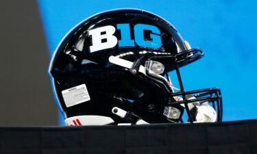 A B1G helmet sits on stage during the Big Ten Conference Media Days on July 27