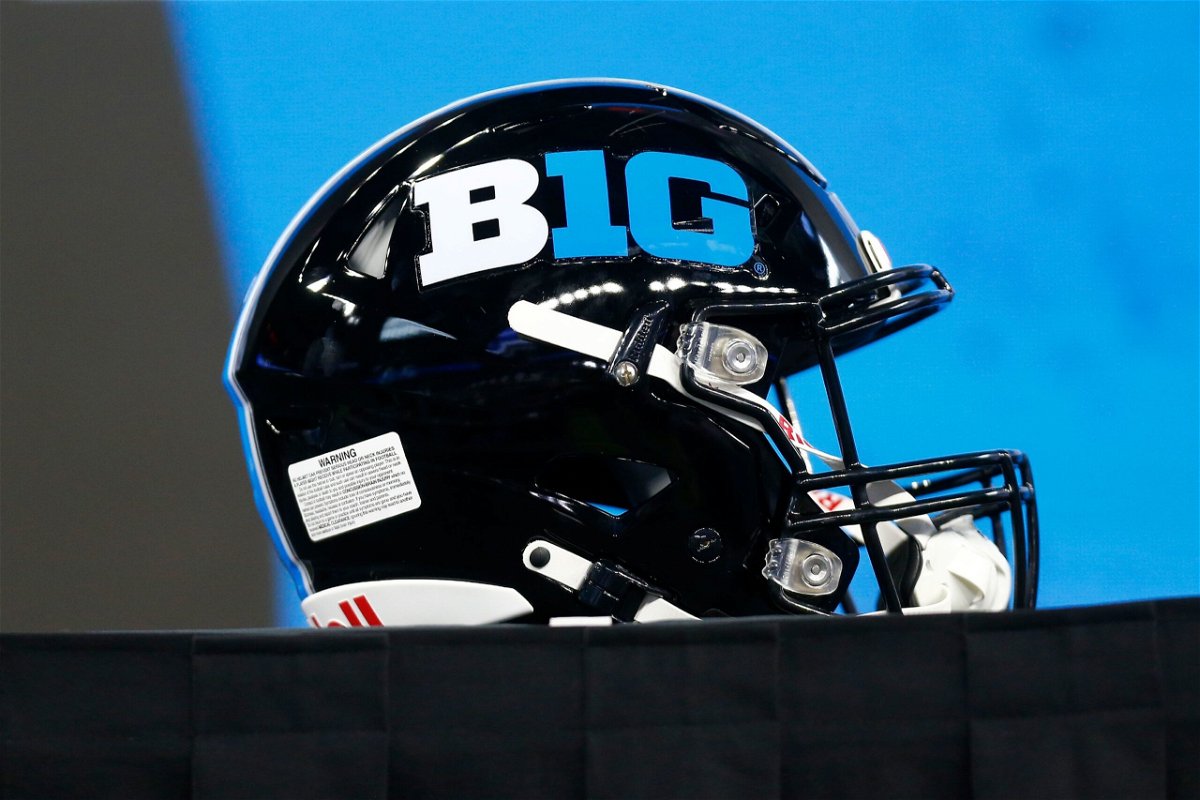<i>Jeffrey Brown/Icon Sportswire/AP</i><br/>A B1G helmet sits on stage during the Big Ten Conference Media Days on July 27