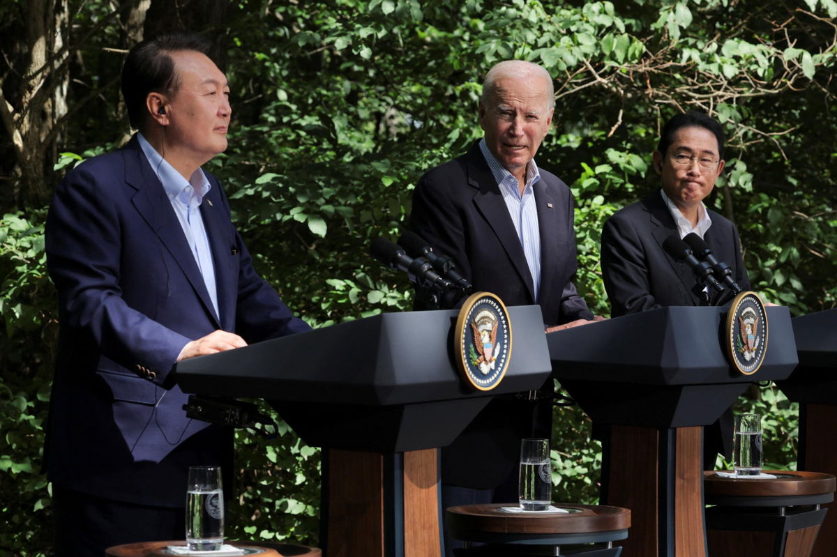 <i>Jim Bourg/Reuters</i><br/>U.S. President Joe Biden holds a joint press conference with Japanese Prime Minister Fumio Kishida and South Korean President Yoon Suk Yeol during the trilateral summit at Camp David near Thurmont