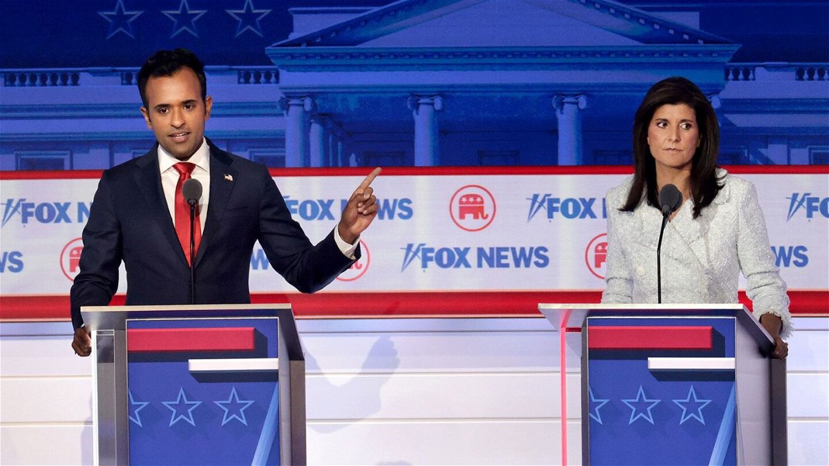 <i>Win McNamee/Getty Images</i><br/>Vivek Ramaswamy and former South Carolina Gov. Nikki Haley participate in the first debate of the GOP primary season hosted by Fox News at the Fiserv Forum on August 23