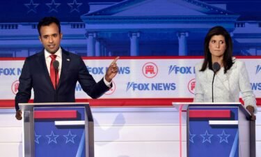 Vivek Ramaswamy and former South Carolina Gov. Nikki Haley participate in the first debate of the GOP primary season hosted by Fox News at the Fiserv Forum on August 23