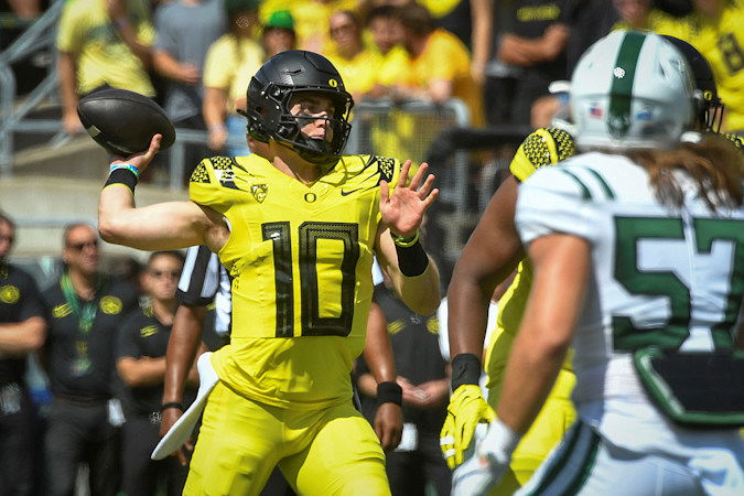 Oregon quarterback Bo Nix (10) passes the ball during the first half of Saturday's game against Portland State in Eugene
