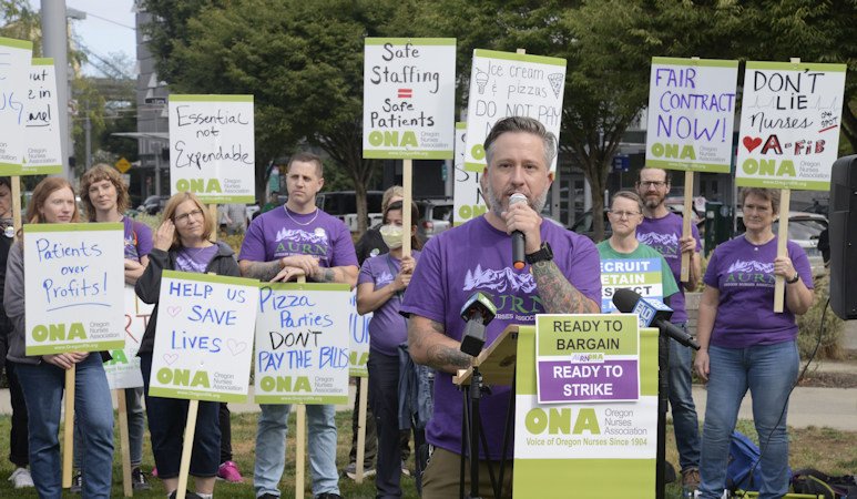 OHSU nurses represented by the Oregon Nurses Association rallied Monday as strike authorization vote was announced