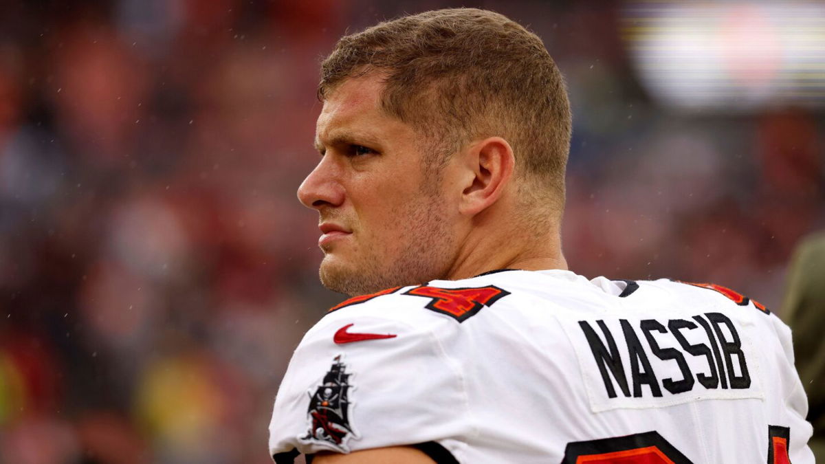<i>Kirk Irwin/AP</i><br/>Carl Nassib stands on the field prior to the start of a game between the Tampa Bay Buccaneers and the Cleveland Browns.