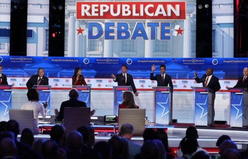 Republican presidential candidates talk over each other during the second Republican candidates' debate of the 2024 U.S. presidential campaign at the Ronald Reagan Presidential Library in Simi Valley