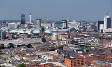 An aerial view of the Birmingham cityscape after the city council declared its financial challenges on September 6 in Birmingham