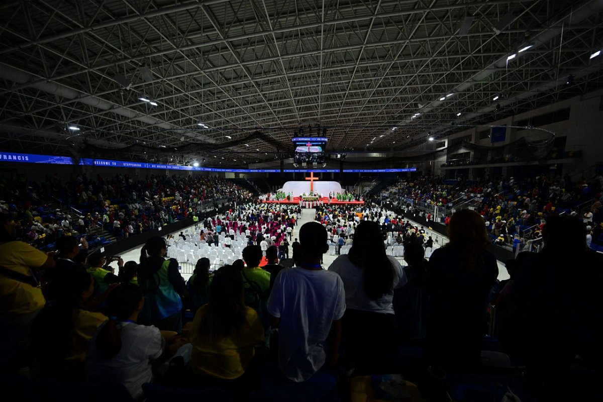 <i>Pedro Pardo/AFP/Getty Images</i><br/>Pope Francis leads Mass at the Steppe Arena in Ulaanbaatar on September 3.