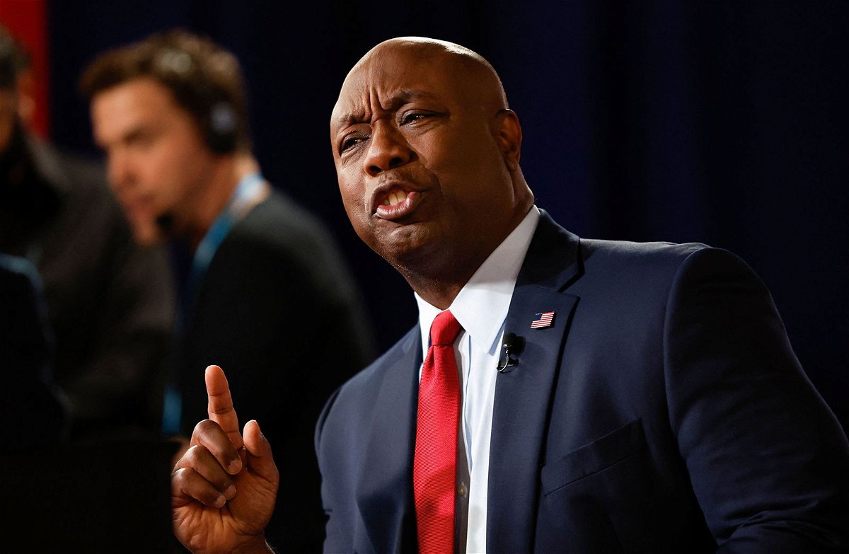 <i>Kamil Krzaczynski/AFP/Getty Images</i><br/>Sen. Tim Scott speaks during an interview following the first Republican presidential primary debate at the Fiserv Forum in Milwaukee