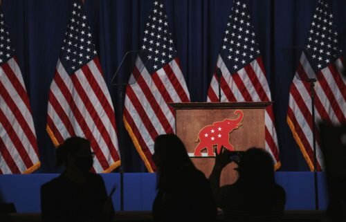 The GOP logo hangs on a podium during the Republican National Convention in Charlotte