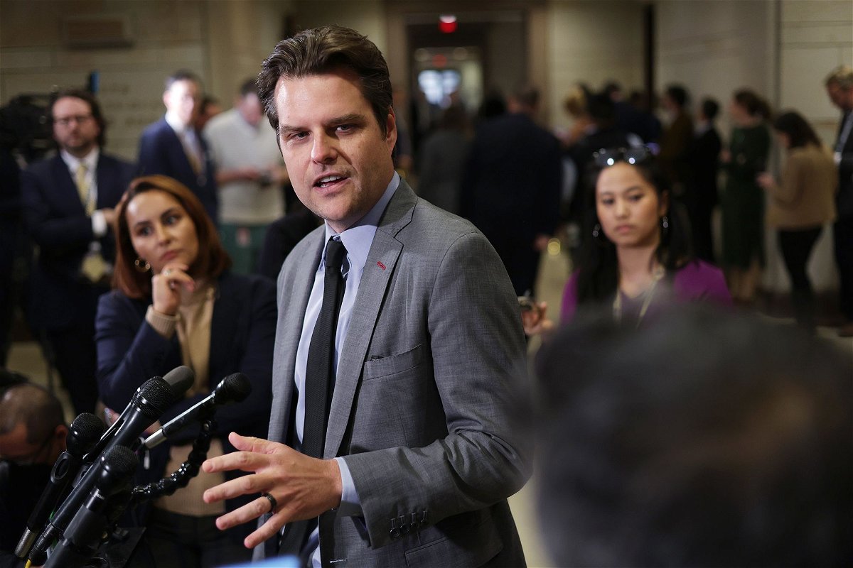 <i>Alex Wong/Getty Images</i><br/>Republican Rep. Matt Gaetz of Florida speaks in the US Capitol Visitors Center in November 2022 in Washington