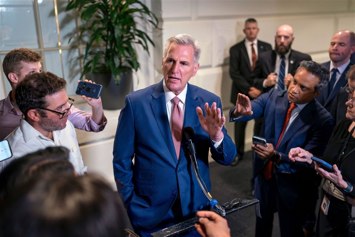 <i>J. Scott Applewhite/AP</i><br/>House Speaker Kevin McCarthy talks to reporters following a closed-door meeting with fellow Republicans at the Capitol in Washington on September 14.