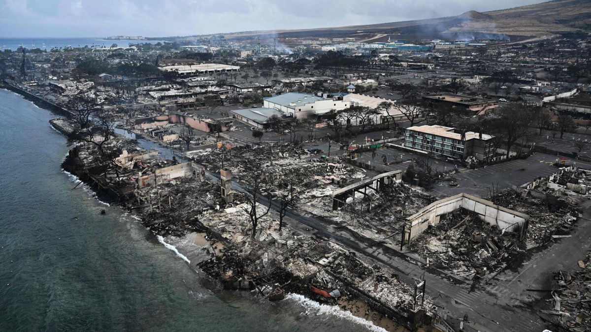 <i>Patrick T. Fallon/AFP/Getty Images</i><br/>Destroyed homes and buildings on the waterfront in Lahaina on August 10 in the aftermath of wildfires on Maui.