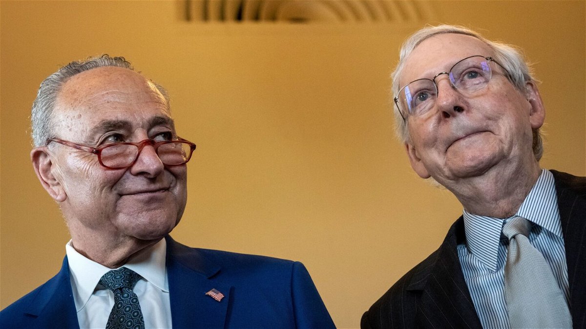 <i>Drew Angerer/Getty Images</i><br/>Senate Majority Leader Chuck Schumer and Senate Minority Leader Mitch McConnell stand for a photo at the US Capitol on July 27 in Washington