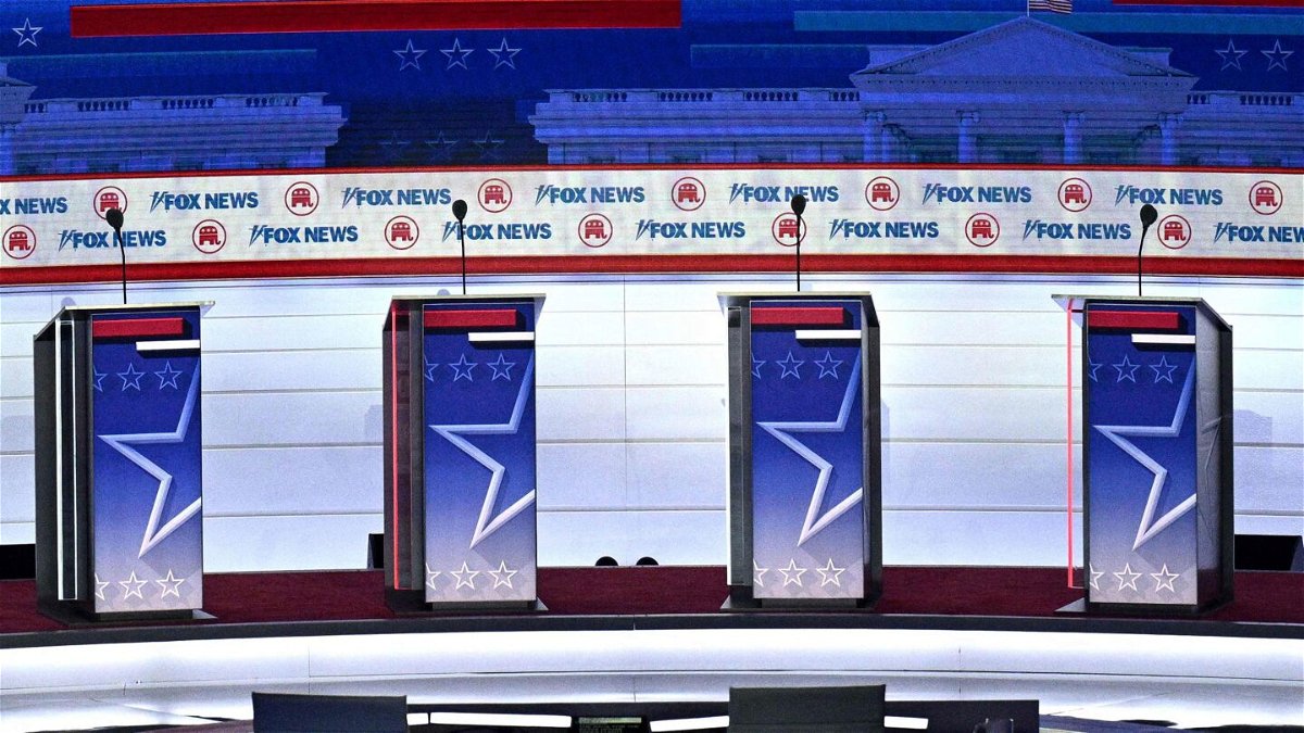 <i>Brendan Smialowski/AFP/Getty Images</i><br/>The stage is pictured ahead of the first Republican Presidential primary debate at the Fiserv Forum in Milwaukee on August 23.