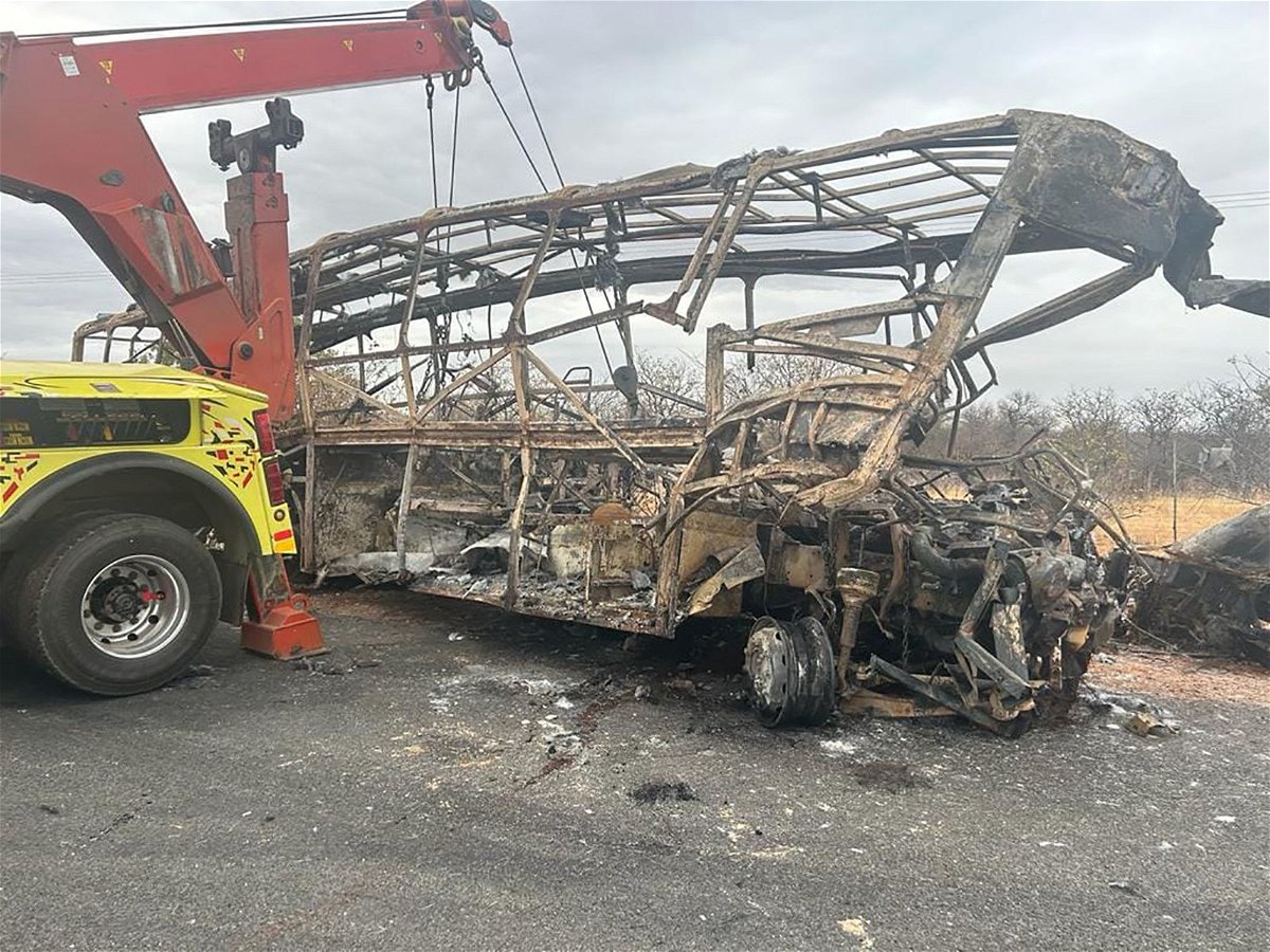 <i>Limpopo Department of Transport and Community Safety/Facebook</i><br/>The charred remains of the bus are pictured on Monday.