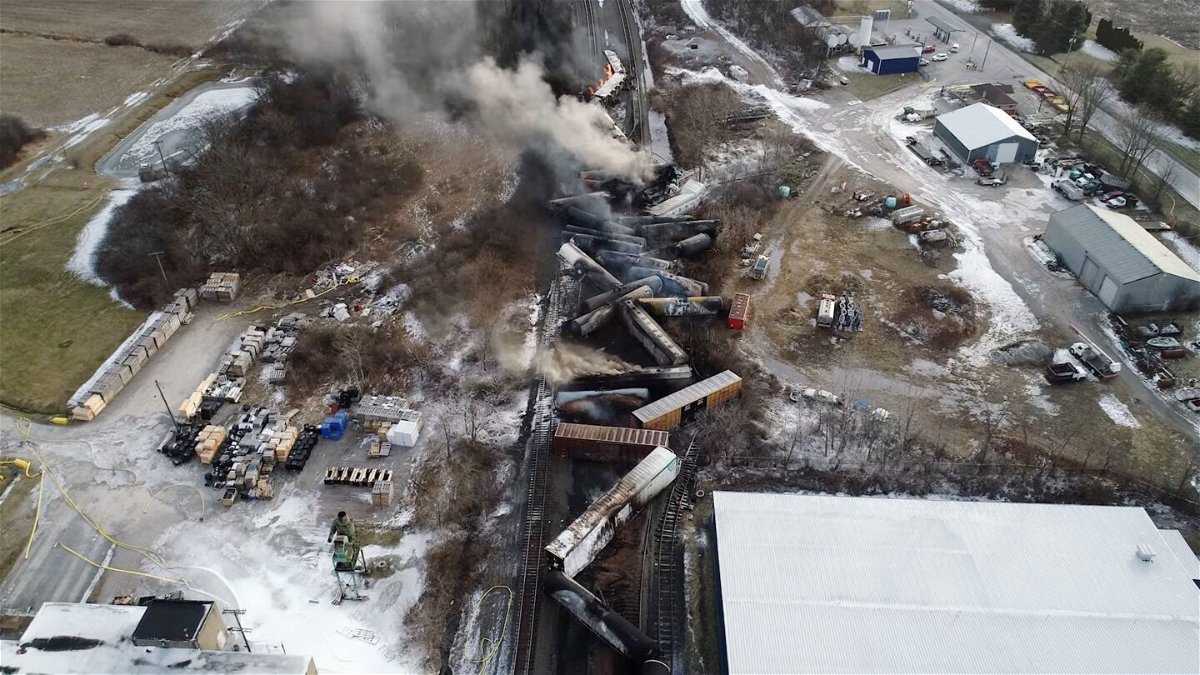 <i>NTSBGov/Reuters</i><br/>Drone footage shows the freight train derailment in East Palestine
