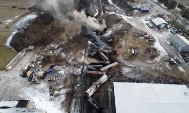 Drone footage shows the freight train derailment in East Palestine
