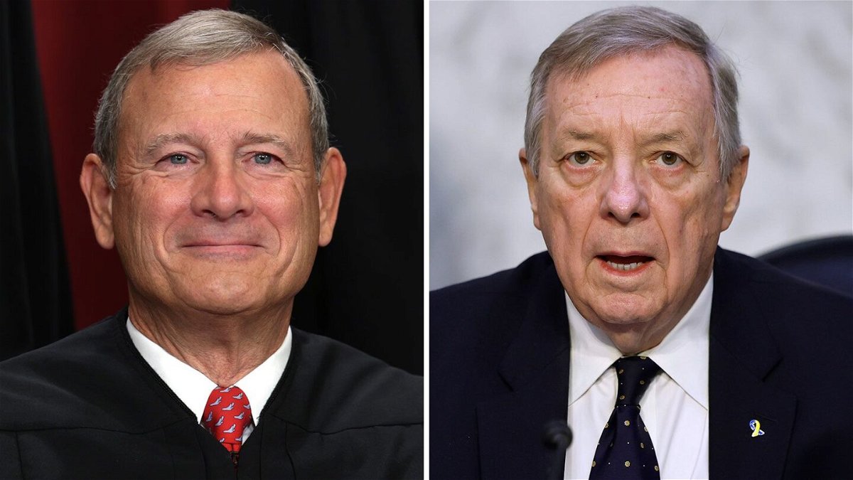 <i>Getty Images</i><br/>Chief Justice John Roberts and Sen. Dick Durbin are pictured in a split image. The chairman of the Senate Judiciary Committee made a personal plea to Chief Justice John Roberts to create a Supreme Court code of ethics at a closed-door conference September 12.